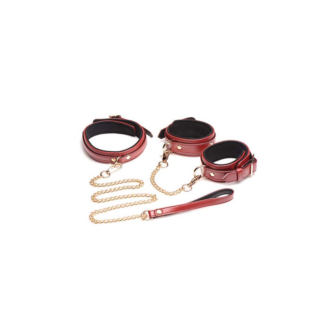 XR Brands 6-delige bordeaux bondage set met boeien, halsband en lijn