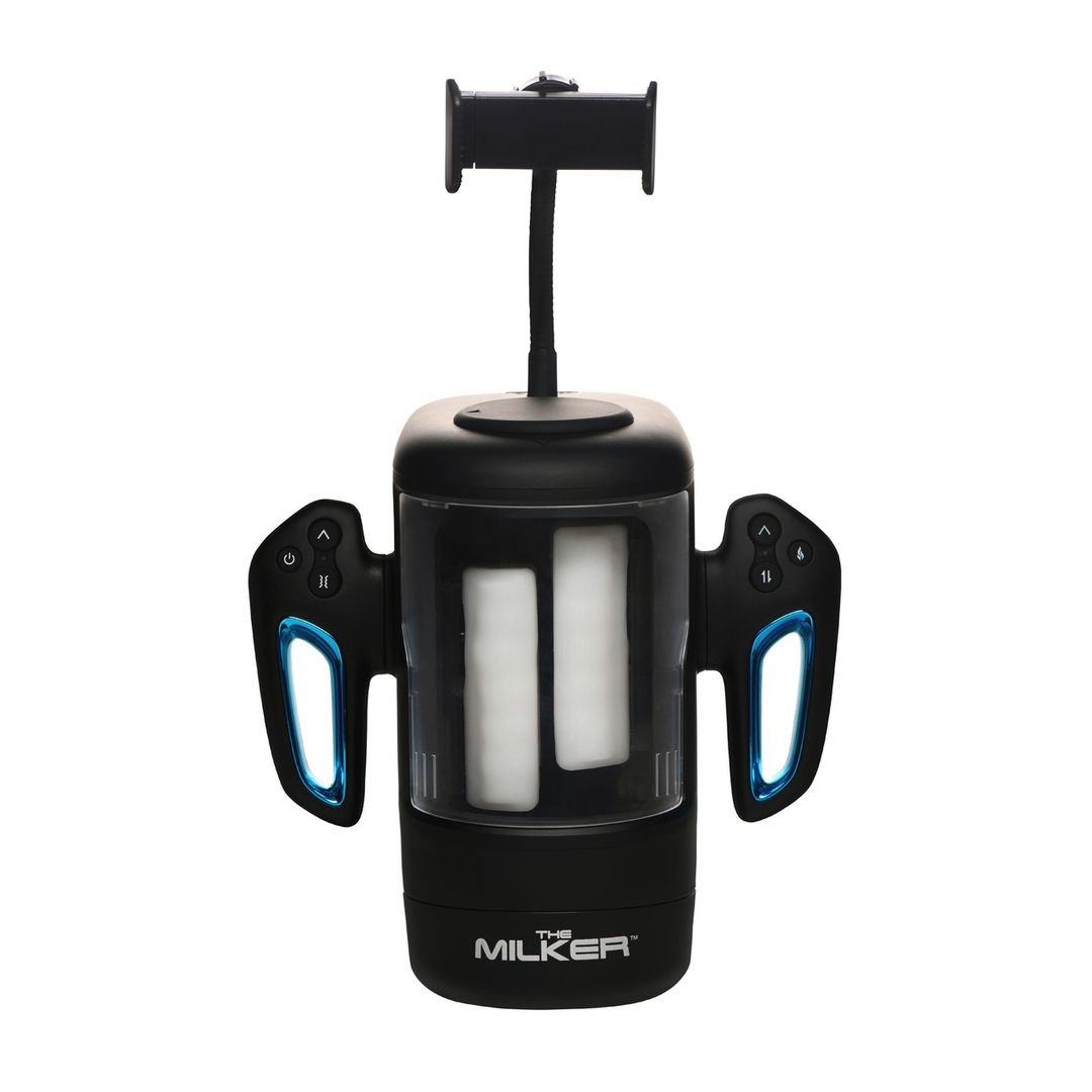 XR Brands Cyber Milker - Strelende en vibrerende masturbator met telefoonhouder - Transparant/Zwart