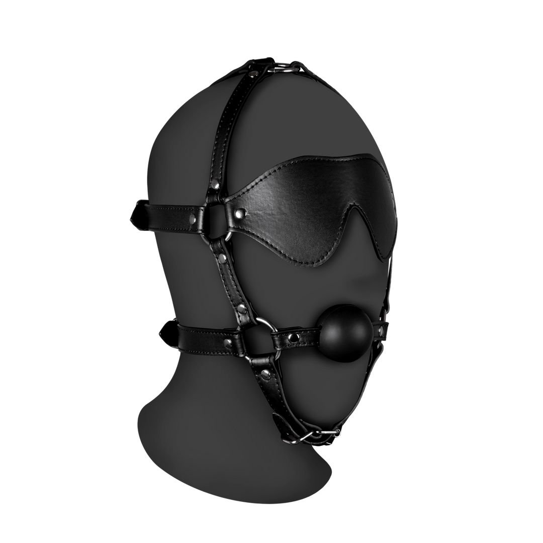 Ouch! Hoofdharnas met blinddoek en massieve ball gag - Zwart
