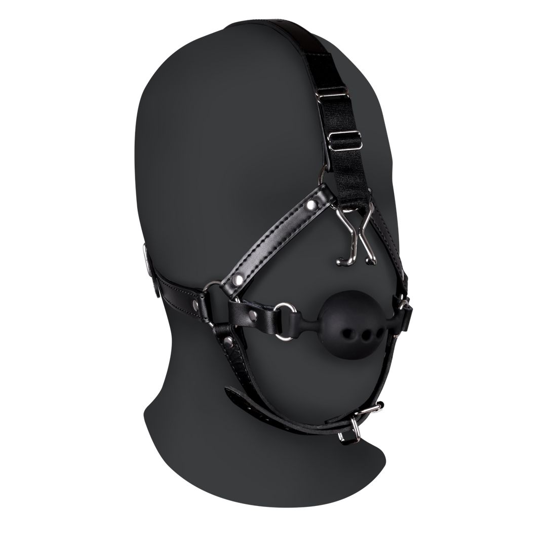 Ouch! Hoofdharnas met ademende ball gag en neushaken - Zwart
