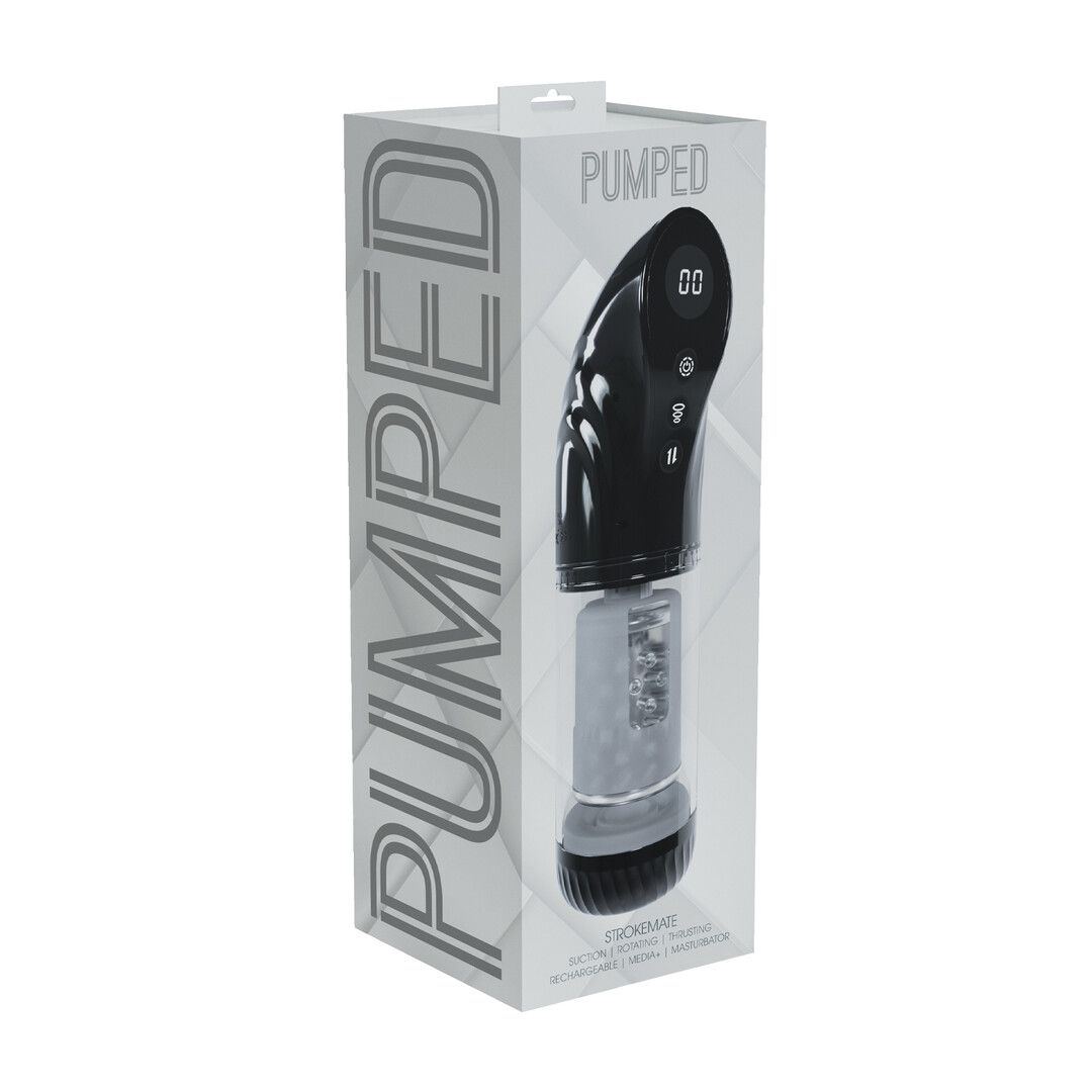Pumped StrokeMate - Zuigende, roterende en stotende masturbator pomp - Zwart