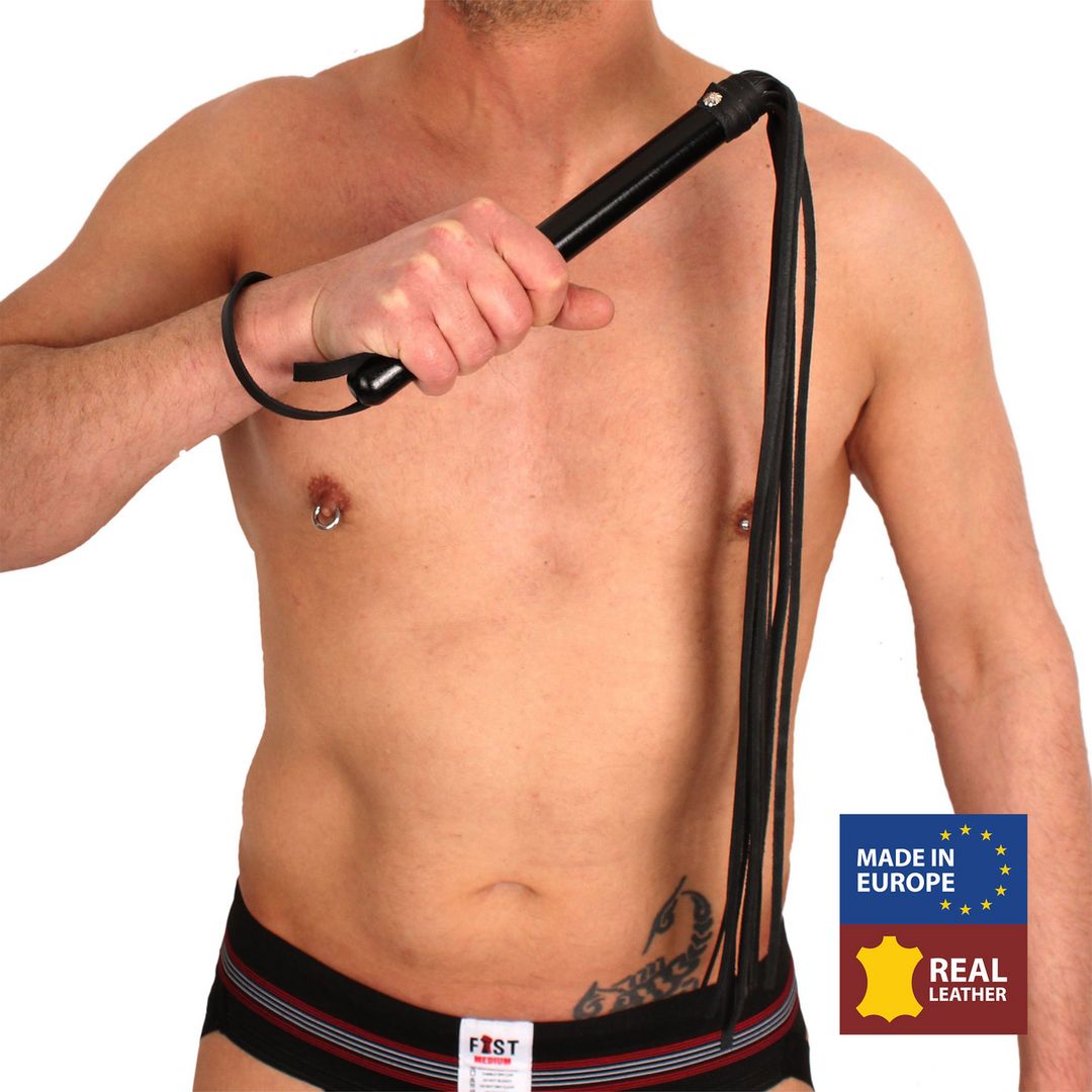 Red Leather Houten martinet met leren strengen - 75 cm - Zwart