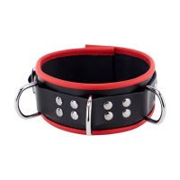 Red Leather Leren halsband met 3 D-ringen - Rood/Zwart