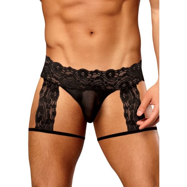 Male Power Scandal-Lace G-string jarretelshort - S/M - Zwart
