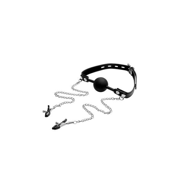 XR Brands Siliconen ball gag met tepelklemmen