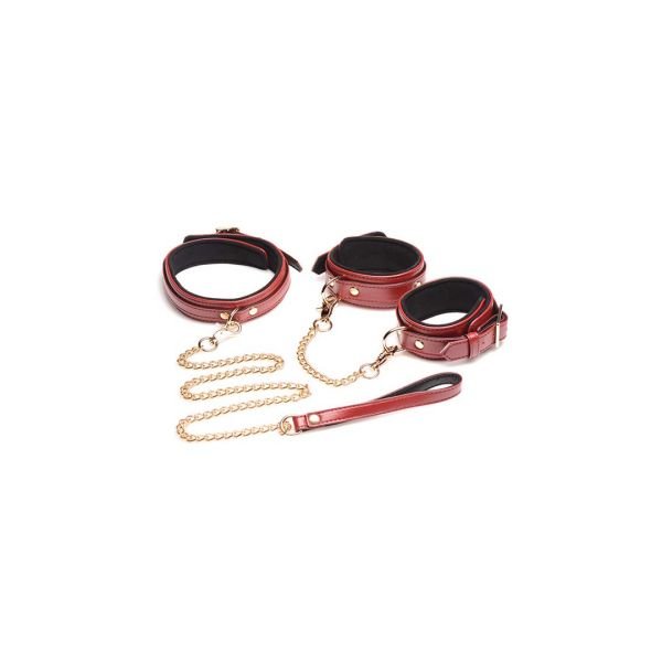 XR Brands 6-delige bordeaux bondage set met boeien, halsband en lijn