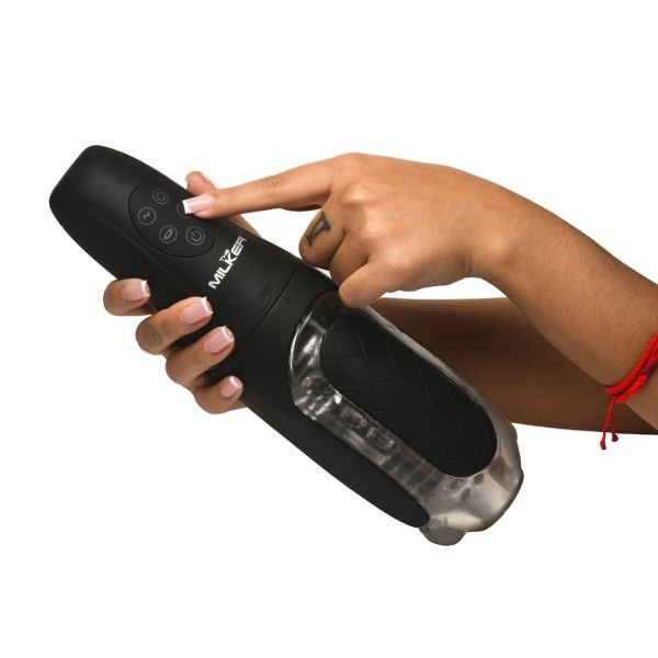 XR Brands The Milker Pleasure Grip - Zuigende en vibrerende masturbator - Transparant/Zwart