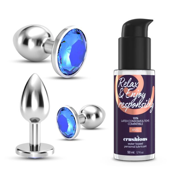 Crushious Bijou Anal Wet Train Trio RVS Plugs - Blauw