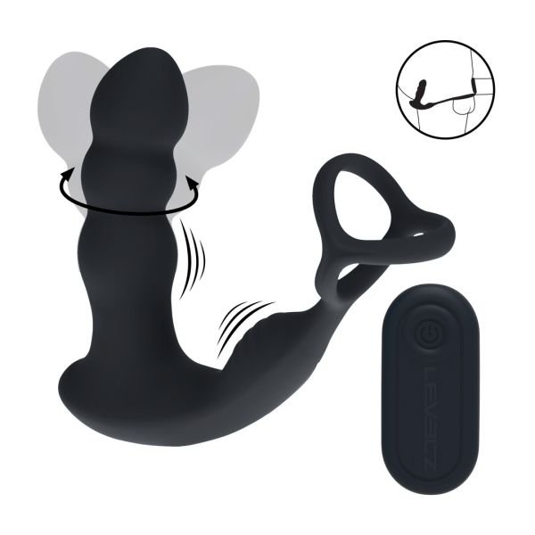 Levelz Dubbel vibrerende siliconen prostaatstimulator met roterende kop, afstandsbediening en cock and ball ring - Zwart