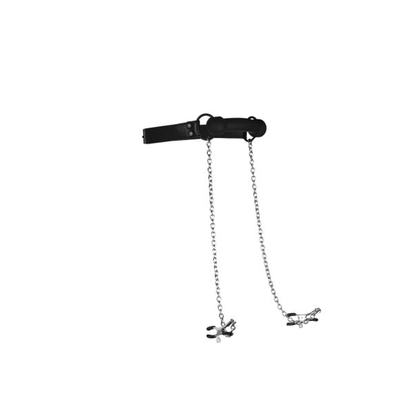 Ouch! Siliconen Bit Gag met Tepelklemmen - Zwart