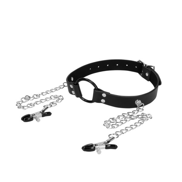 Ouch! O-ring Gag met Tepelklemmen - Zwart