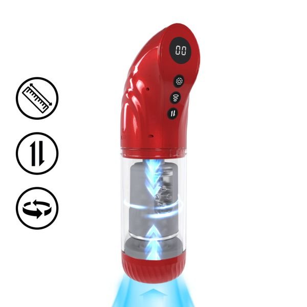 Pumped StrokeMate - Zuigende, roterende en stotende masturbator pomp - Metallic rood