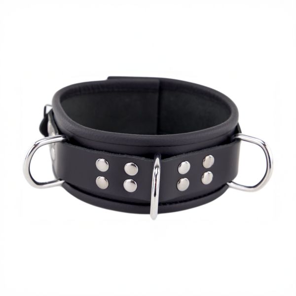 Red Leather Leren halsband 3 D-ringen - Zwart